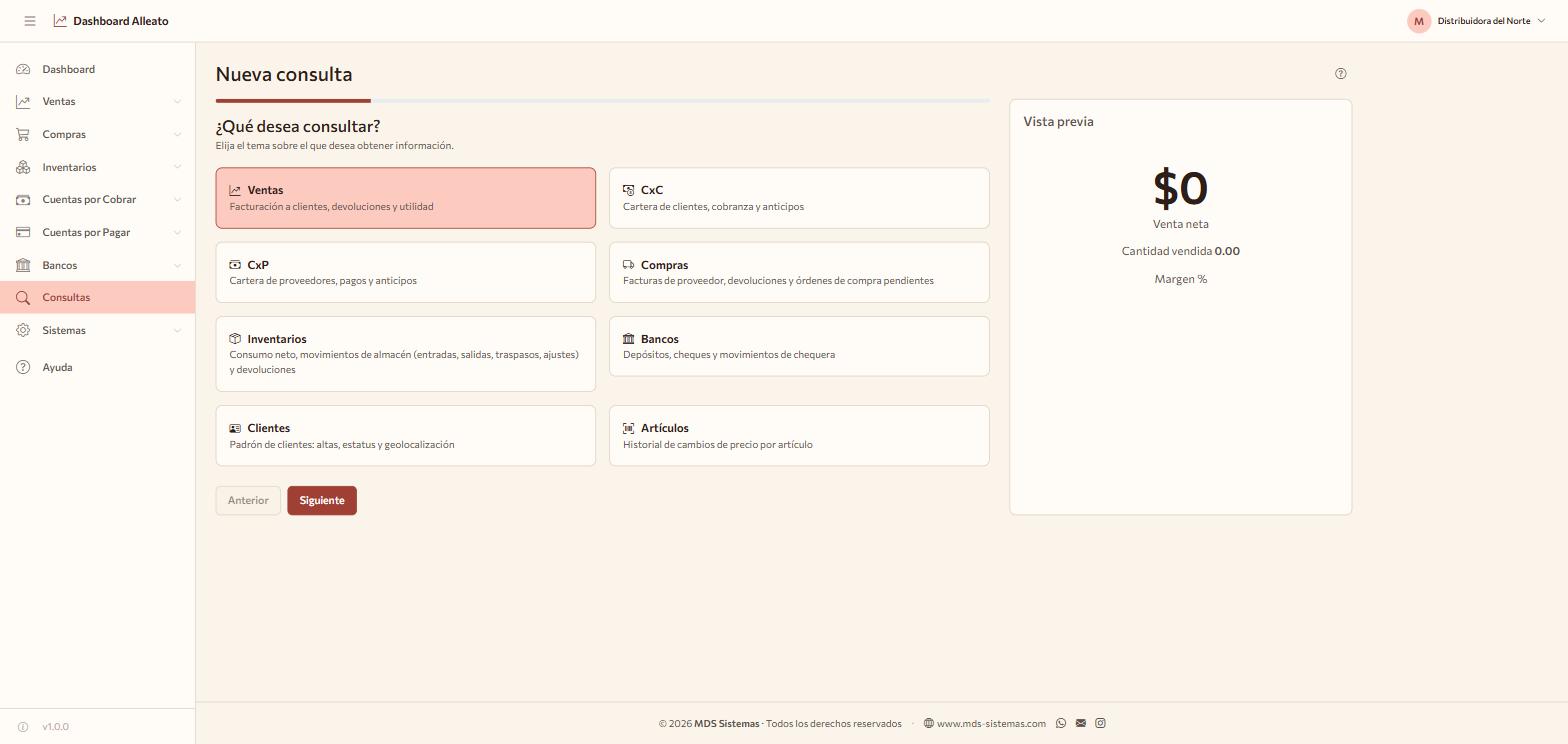 Primer paso del asistente de Consultas, con las áreas disponibles: ventas, cuentas por cobrar, cuentas por pagar, compras, inventarios, bancos, clientes y artículos